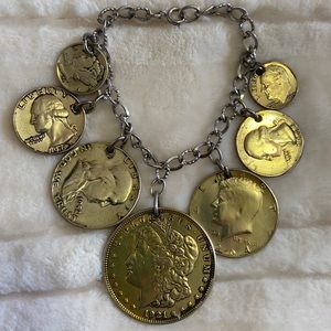 Sterling silver vintage American coin charm bracelet